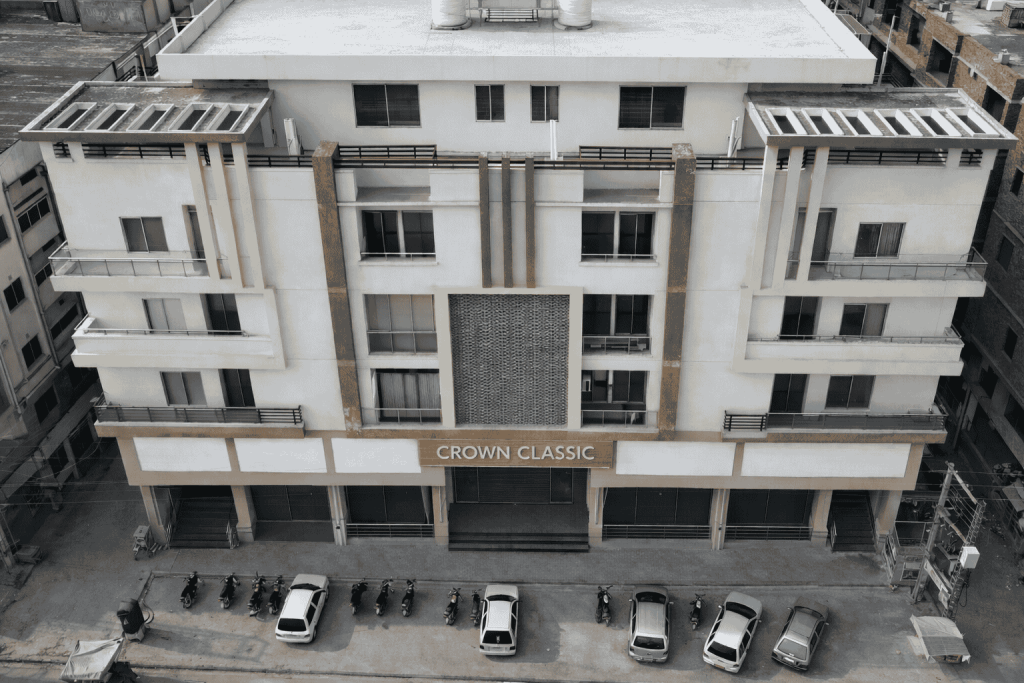 Front view of Crown Classic plaza in Islamabad with retail shops