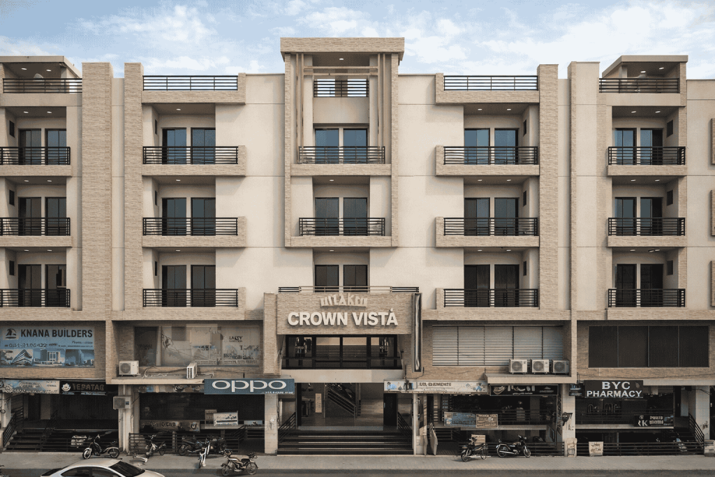 Front view of Crown Vista plaza in Islamabad with retail shops
